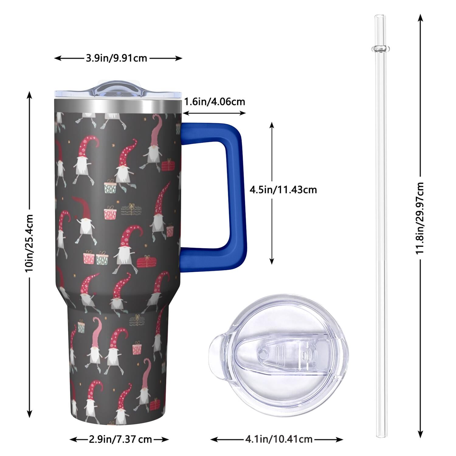 Dark Gray Christmas Gnome Pattern Tumbler with Handle and Lid,40oz Double Wall Vacuum Insulated Tumbler,Cups Gift for Women and Men