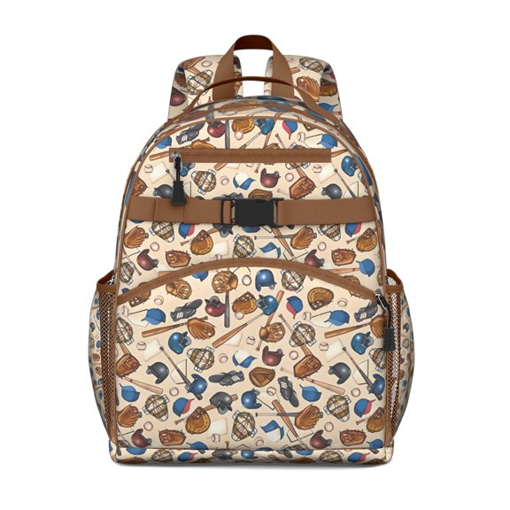 Beige Baseball Gear Pattern Backpack for School,Cute School Bag,Schoolbag with Adjustable Shoulder Straps & Padded Back,15.25"x11.5"x5.25"