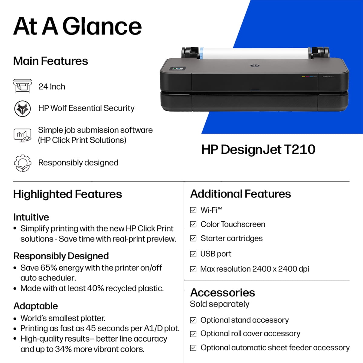 HP DesignJet T210 24" Wireless Large Format Color Thermal Inkjet Plotter Printer, Bundle with Stand, Sheet Feeder and Matte Bond Inkjet Paper Roll