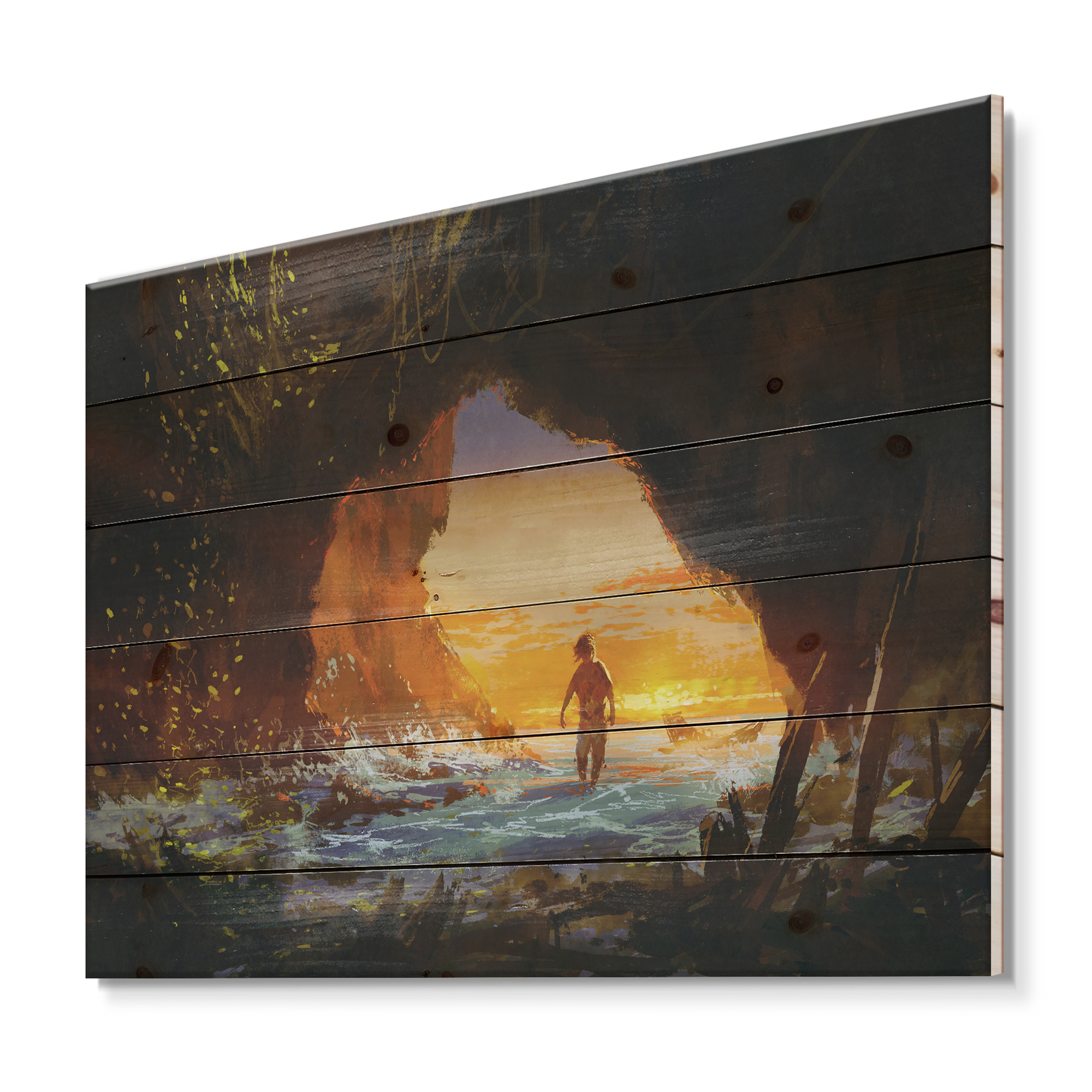 Designart 'The Sea Cave At Sunset With The Man Walking In' Nautical & Coastal Print on Natural Pine Wood