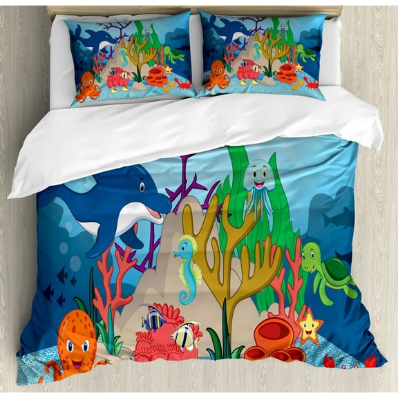 Deep Sea Duvet Cover Set King Size, Happy Cartoon with Dolphin Octopus Seahorse Crab Turtle Jellyfish, Decorative 3 Piece Bedding Set with 2 Pillow Shams, Pale Sky Blue Multicolor, by Ambesonne