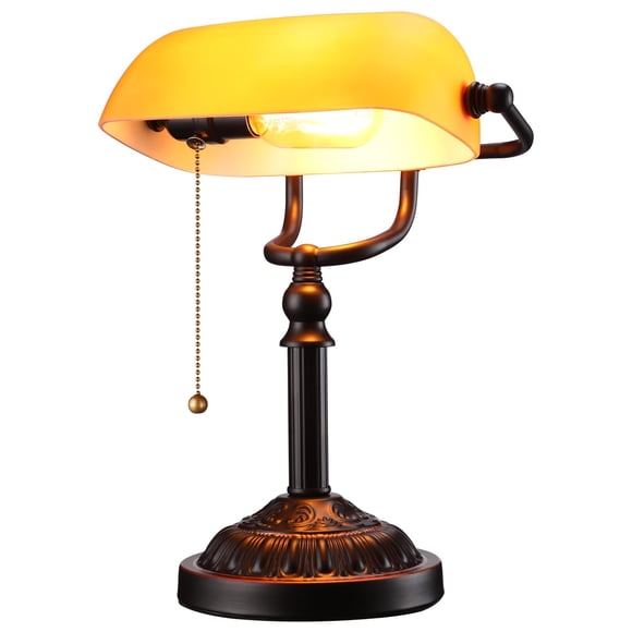 TORCHSTAR Bankers Desk Lamp with Pull Chain Switch, Amber Glass Shade Desk Lamps, Bronze Base, E26 Base, Vintage Library Lamp for Office, Study Room(