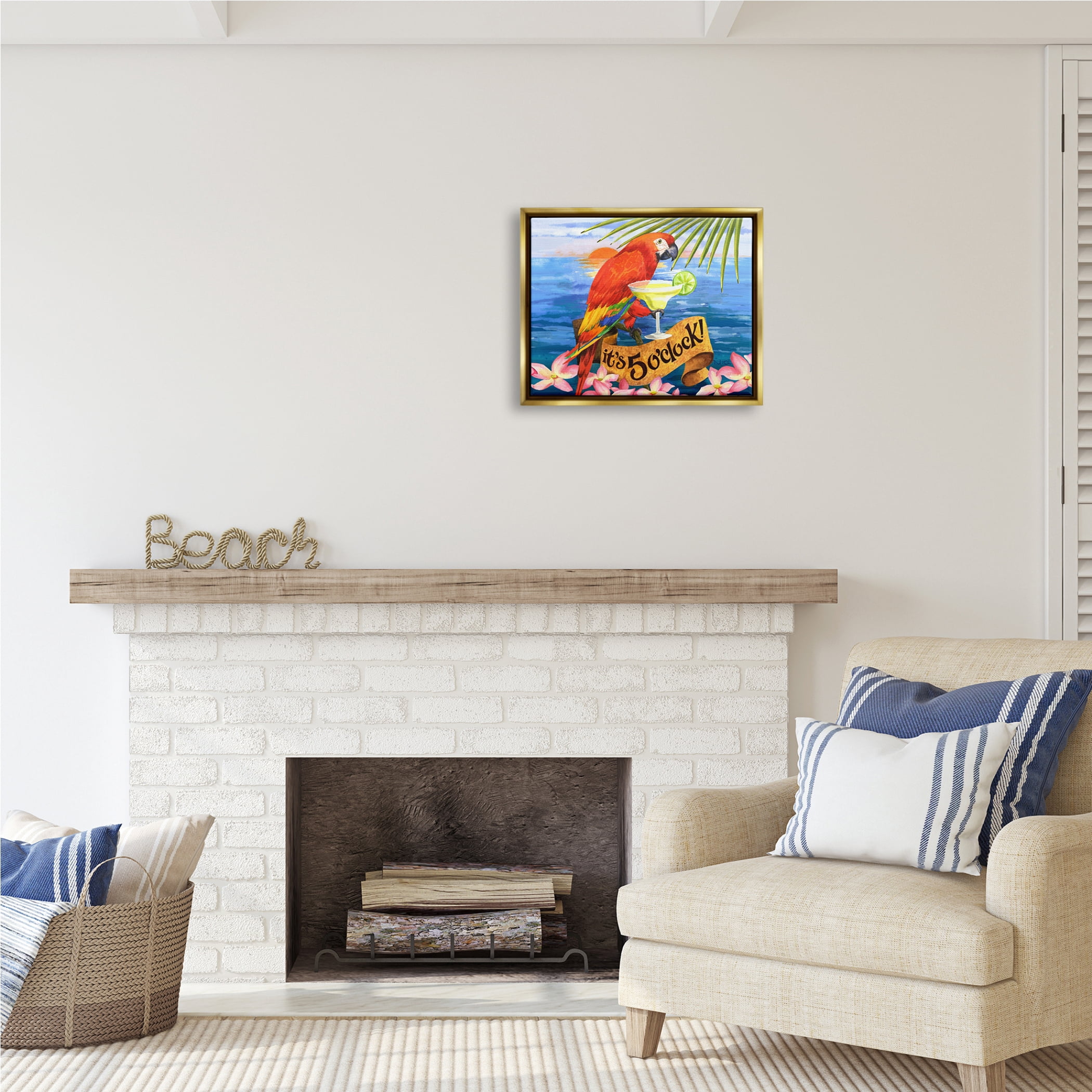 Stupell Industries Tropical Parrot with Cocktail Animals & Insects Painting Gold Floater Framed Art Print Wall Art, 21 x 17