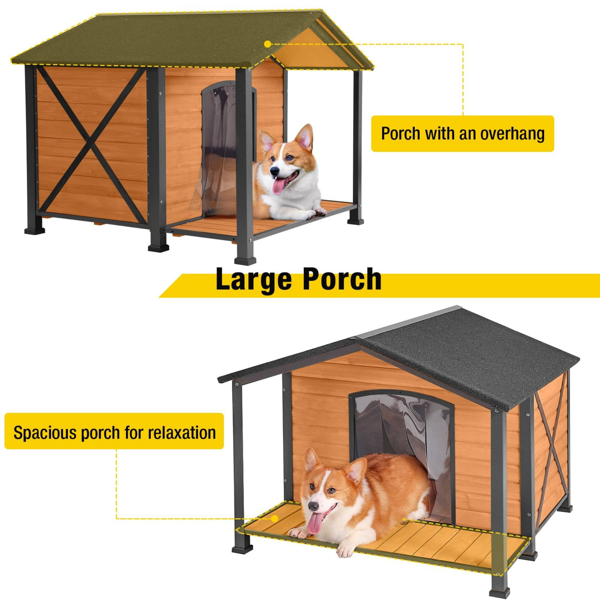 Aivituvin Anti-Chewing Outdoor Dog House with Iron Frame, 41.4"D Weatherproof Wooden Dog Kennels with Large Porch for Outdoor & Indoor, Brown