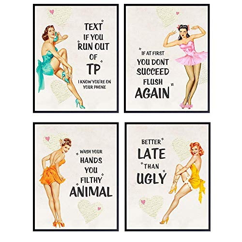 Pinup Girl Vintage Bathroom Wall Decor - Pin Up Wall Art - Funny Bathroom Quotes - Wash Your Hands You Filthy Animal Sign - Better Late Than Ugly - Bath Wall Decor - Restroom Decorations - 4 Pinup Girl Vintage Bathroom Wall Decor - Pin Up Wall Art - Funny Bathroom Quotes - Wash Your Hands You Filthy Animal Sign - Better Late Than Ugly - Bath Wall Decor - Restroom Decorations - 4