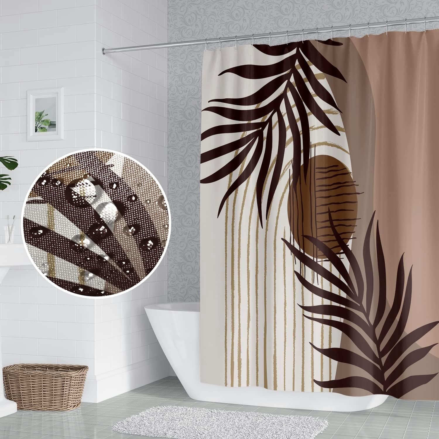 Abstract Mid Century Boho Bathroom Shower Curtain Eucalyptus Leaves Brown and Beige Sun Shower Curtain with Hooks Waterproof Fabric Polyester Shower Curtain for Art Home Decor, 72x72 Inch