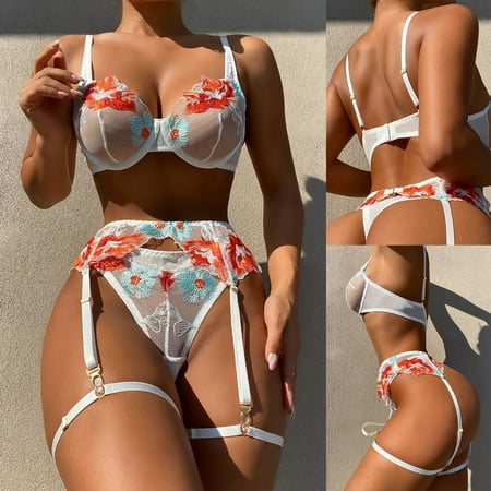 

VIAVIOE Women Exquisite Mesh Lingerie Bra+Garter+Briefs Set Babydoll Cut-Out Sleepwear VRK997