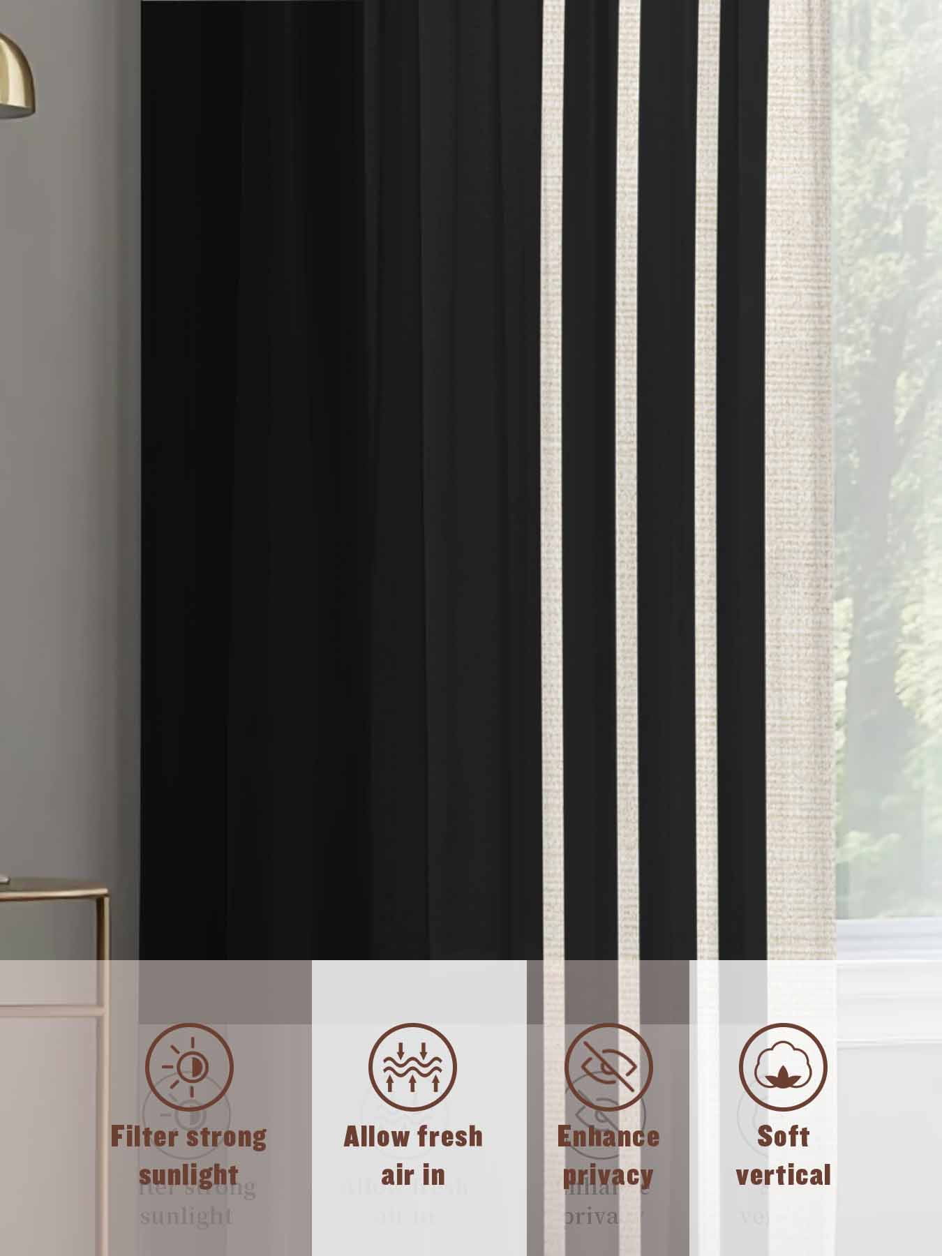 Black Stripe Line Chiffon Sheer Curtains 84 Inches Long, Retro Linen 2 Rod Pocket Window Treatment Voile Drapes Curtains for Living Room Bedroom,2 Panels, 52x84In