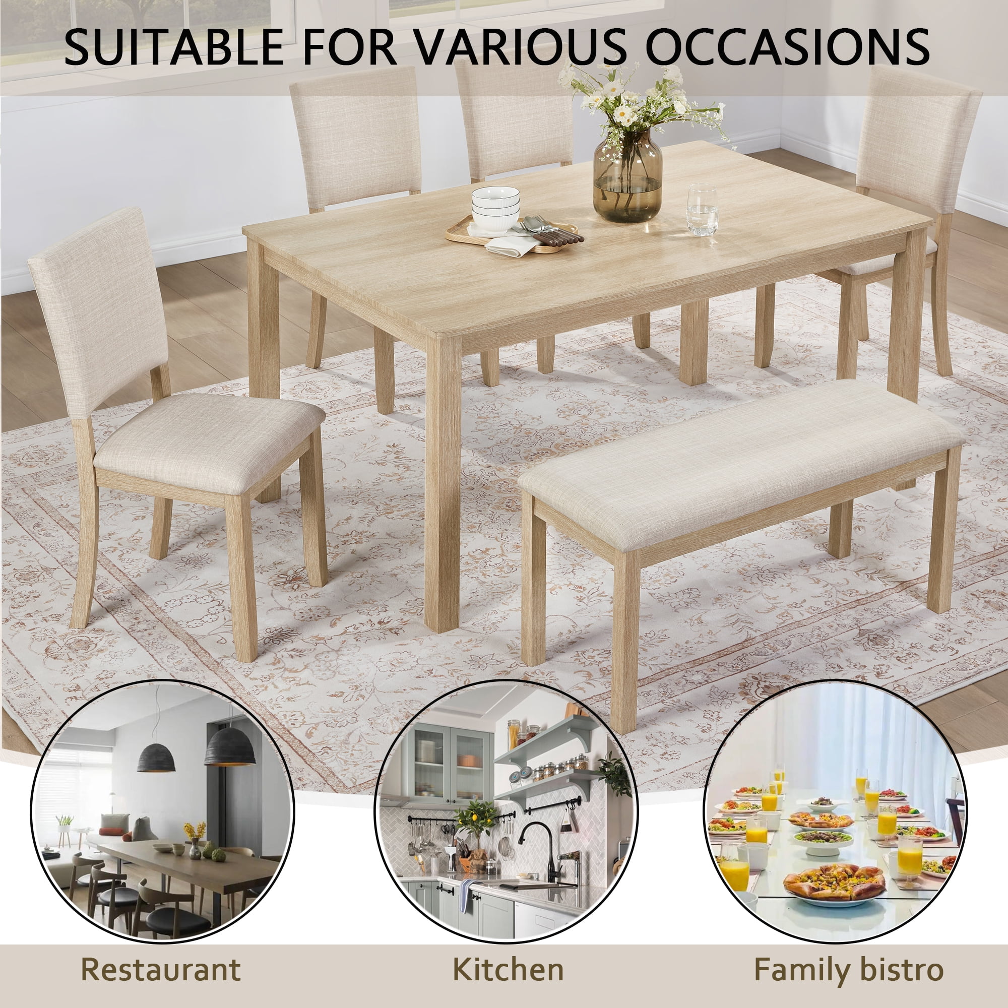 Gewnee Dining Set for 6,Farmhouse 6 Piece Dining Table Sets with Bench,Rectangle Wood Kitchen Table and 4 Upholstered Chairs.Light Oak & Beige