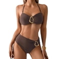 thumbnail image 2 of PWPSG Strapless Bandeau Bikini with Metal Ring Detail and Cross Over High Waist Bottom Two Piece Swimsuit Brown S, 2 of 5