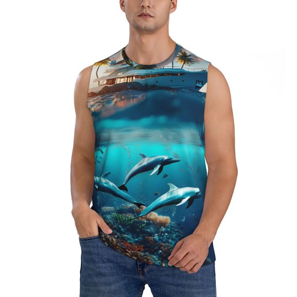 Balery Hawaiian Ship Dolphin Camisetas sin mangas para hombre, absorbe la humedad y protege contra el mal olor.-XX-Large