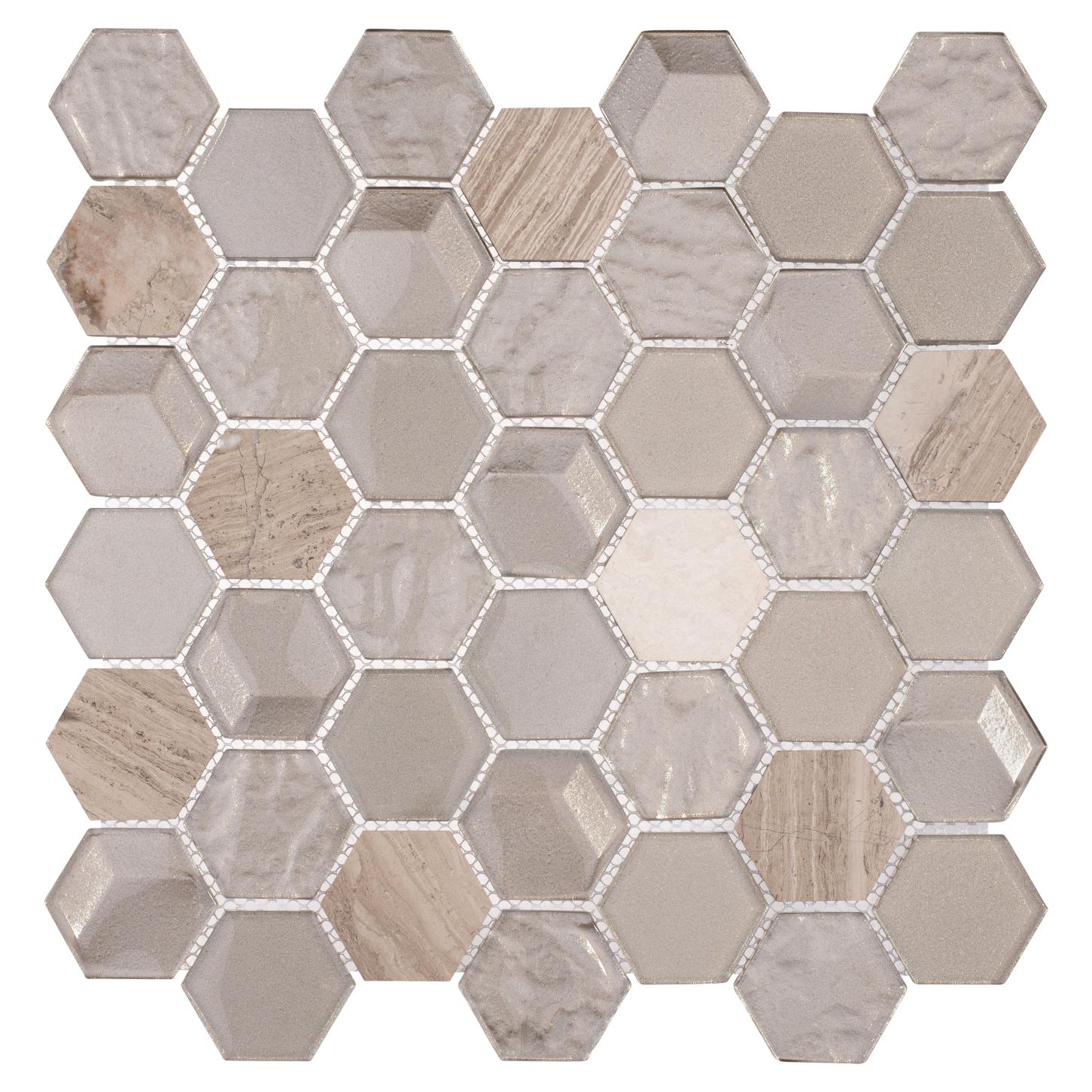 Xen Sheela Beige 2-in. Honeycomb Polished Glass and Natural Stone Mosaic Wall Tile