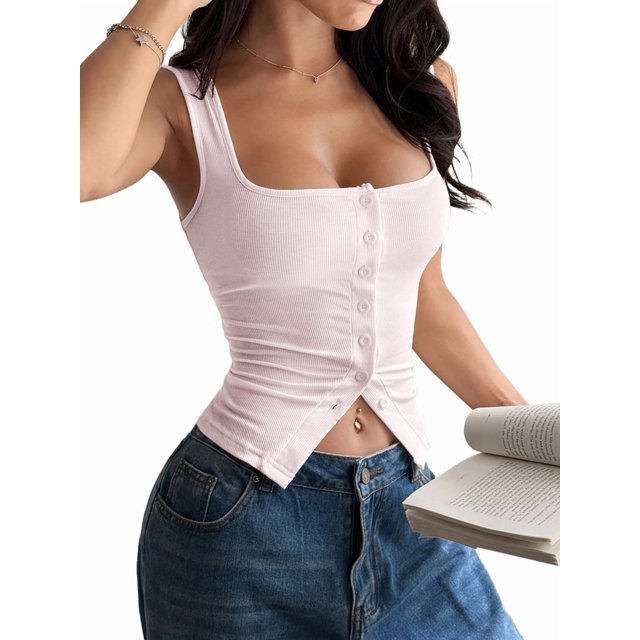 Womens Square Neck Button Down Ribbed Tank Tops Cute Sleeveless Summer Tops Light Pink L