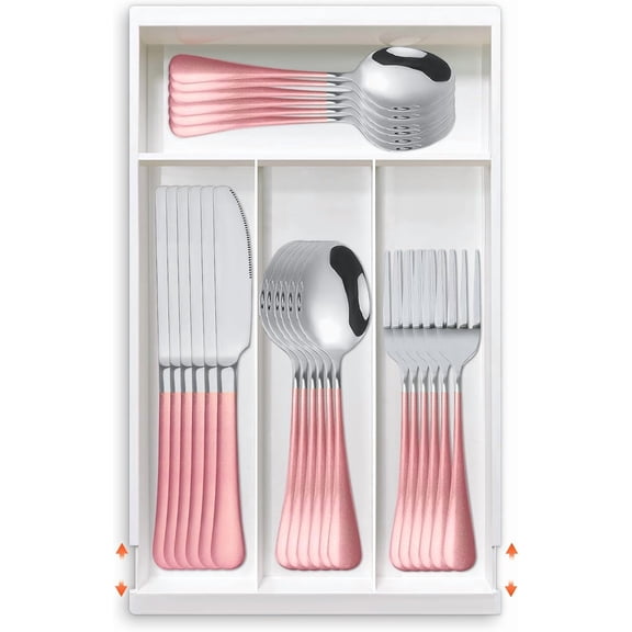 24-Piece Flatware Set with Organizer,Heavy Duty Stainless Steel Silverware for 6,Pink Cutlery Utensil Sets with Antiskid Handle,Rust-proof Stainless Steel Cutlery, Mirror Polished