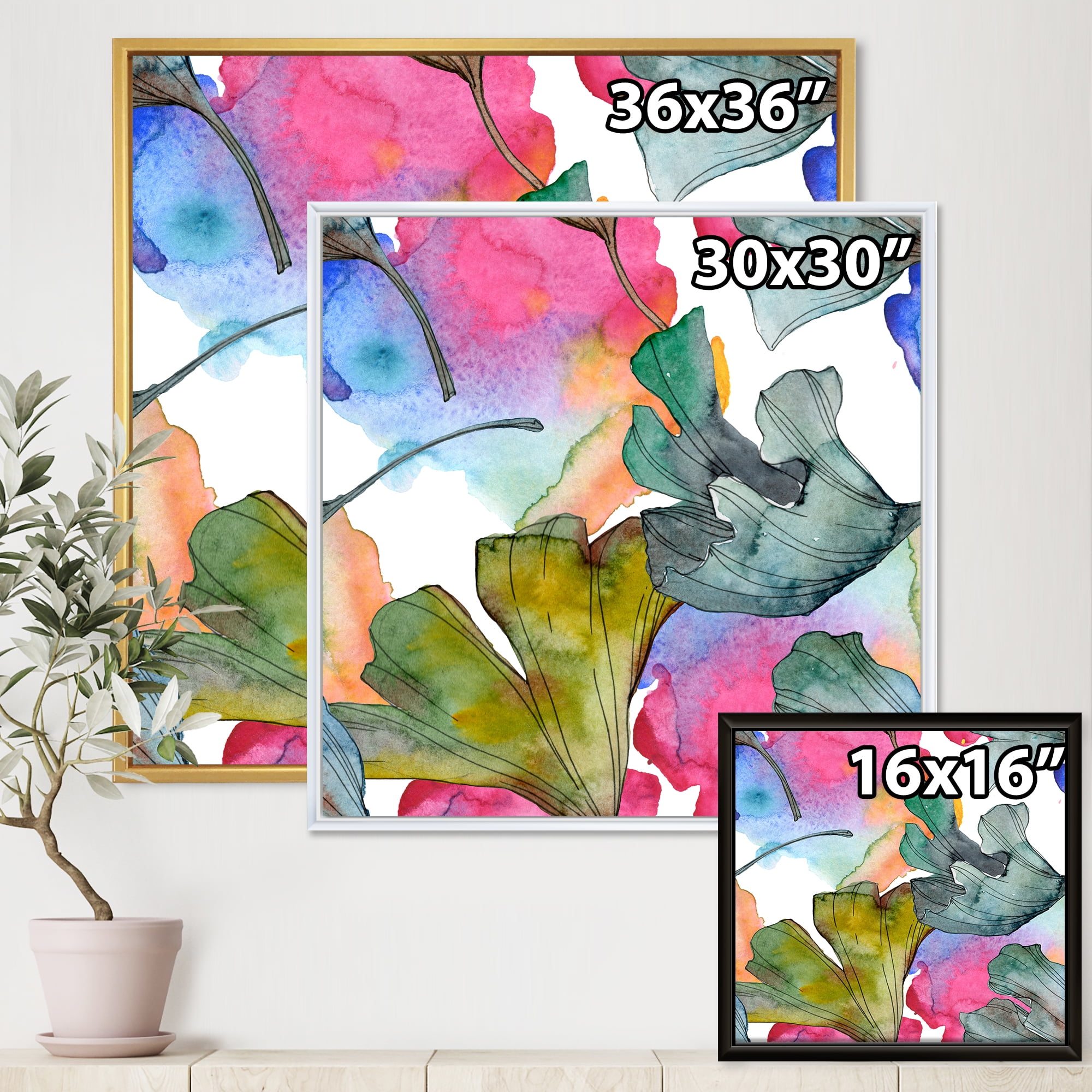 Abstract Ginkgo Biloba Leaf Foliage 30 in x 30 in Framed Painting Canvas Art Print, by Designart