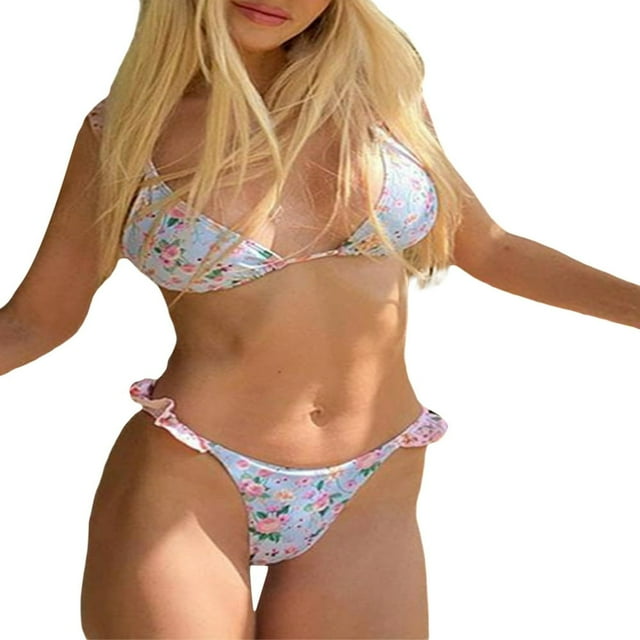 CNKOO Ensemble Bikini 2 Pcs d'Été pour Femmes Soutien-Gorge Sans Manches Dos Nu + String Floral Taille Basse