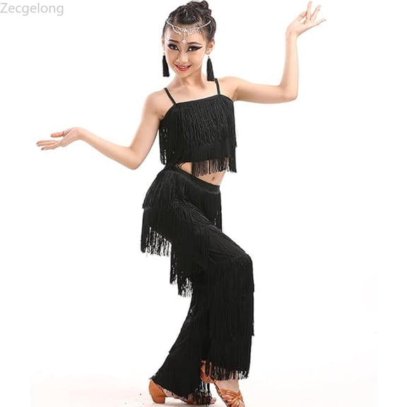 Zecgelong Girls 2 Piece Latin Ballroom Dance Outfits Set Tassel Camisole Fringe Pants Modern Dancewear Girls Dance Outfit for Girls 3-4 Years