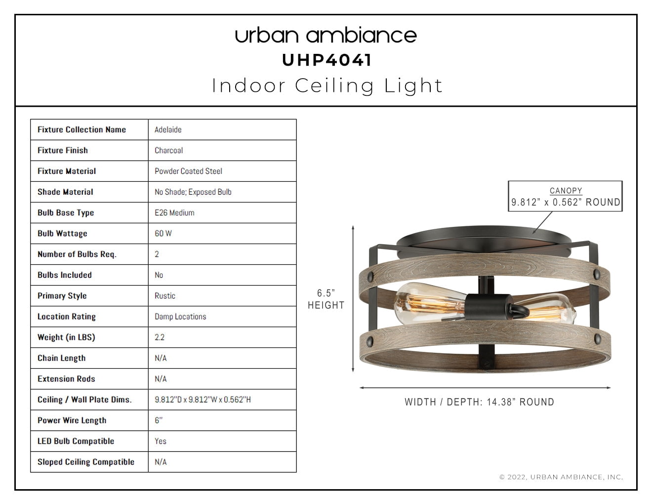 Luxury Farmhouse Ceiling Light, 6.5H x 14.375W, with Modern Farmhouse Style, Charcoal, UHP4041 by Urban Ambiance