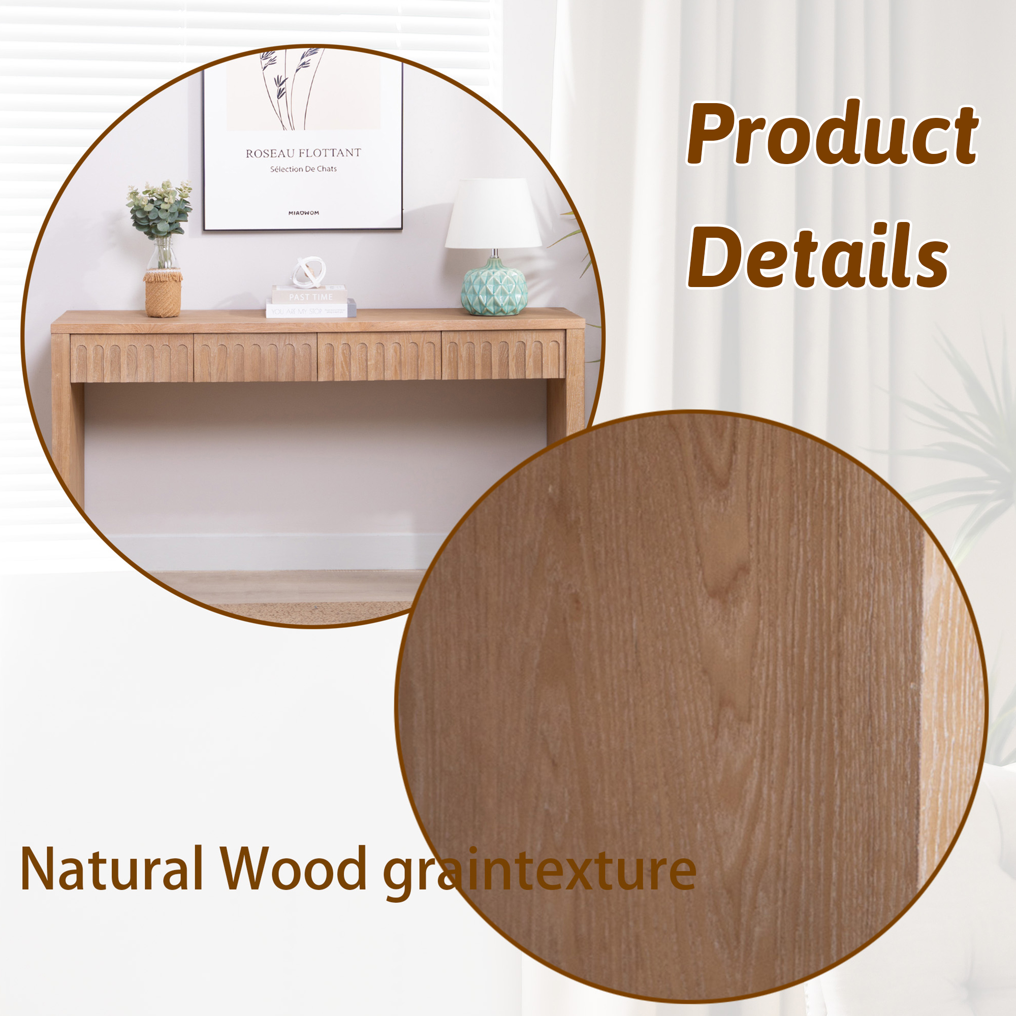 MDQMD 59.2'' Console Table with 4 Drawers for Living Room,Carved Console Table with Storage,Wooden Couch Table Behind Sofa,Natural Wood