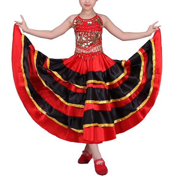 Alvivi Girls Spanish Bull Belly Dance Outfits Sparkle Metallic Crop Top with Long Swing Skirts Red&Black 14-16