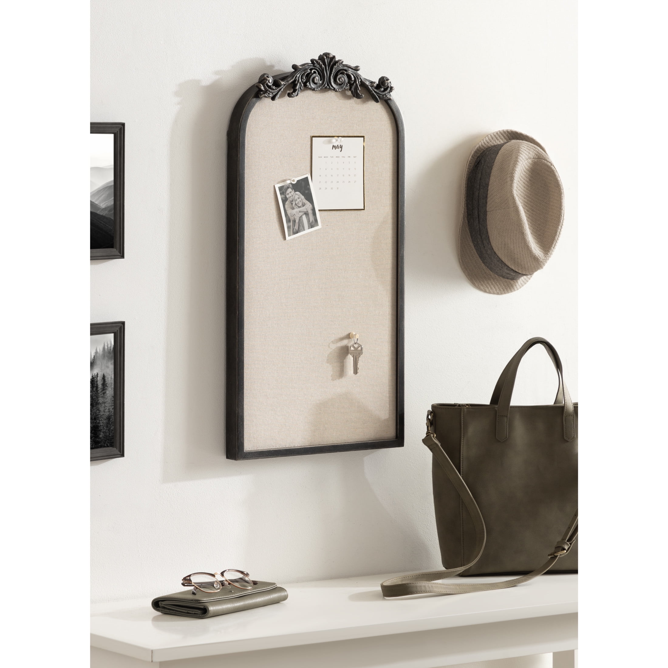 Kate and Laurel Arendahl Arch Pinboard, 13 x 25, Black, Framed Arched Ornate Vintage Cork Board for Use as Motivational Vision Board or Wall Organizer