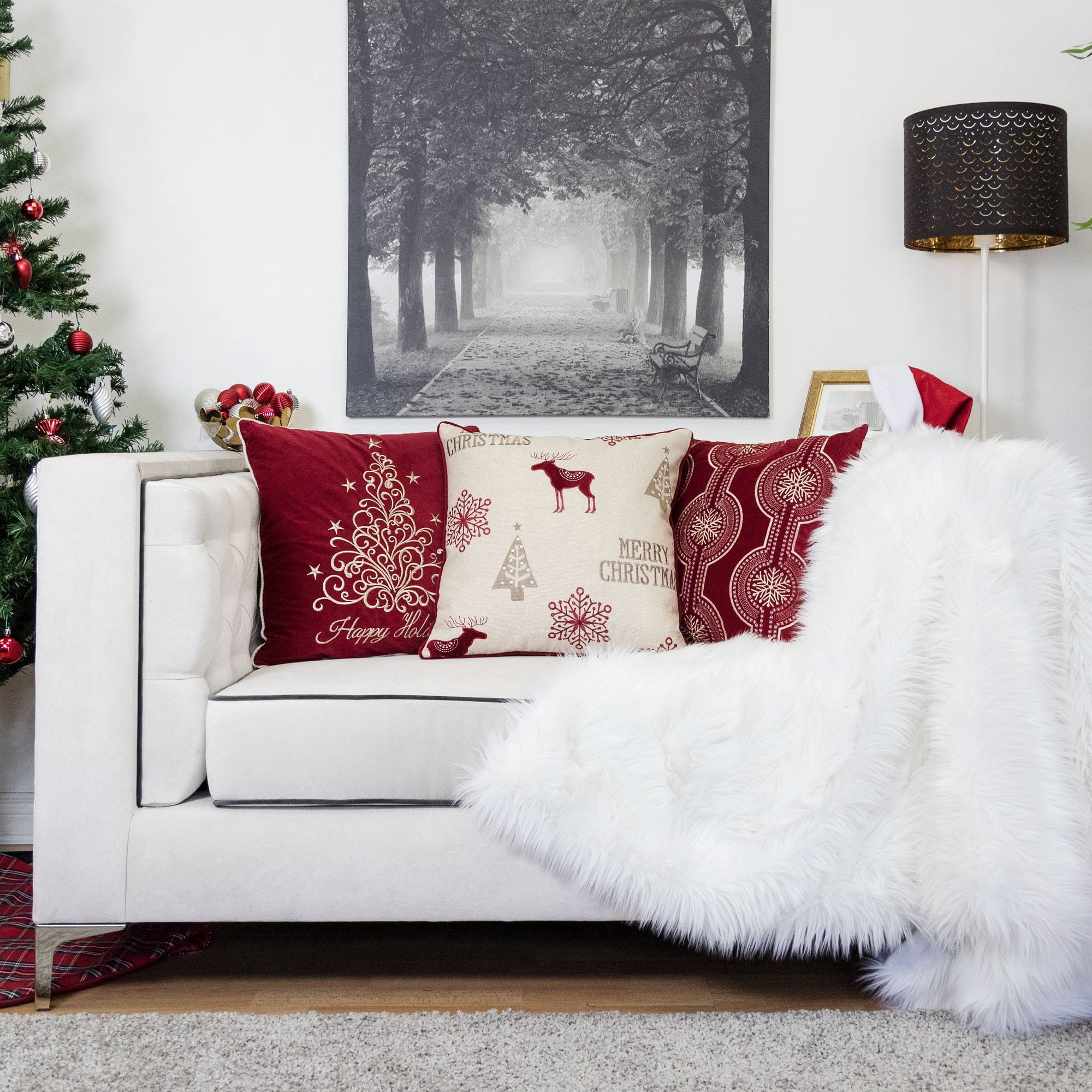 Merry Christmas Embroidered Throw Pillow with Reindeer Snowflakes Trees 20x20 Inch Holiday Decor