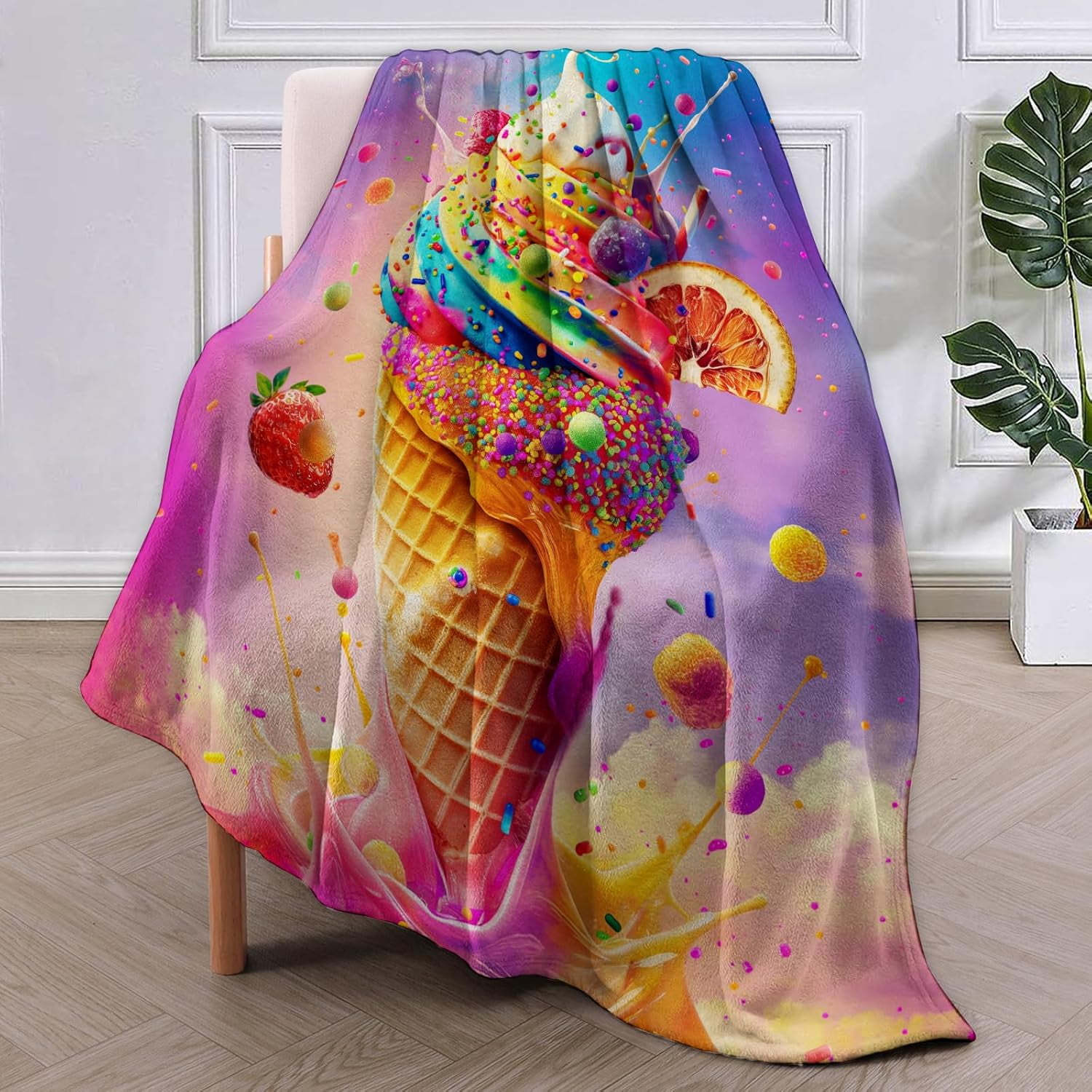 Ice Cream Blanket,Colorful Flannel Throw Blankets,Soft Warm Lightweight Cozy Plush Throws for Bedroom Sofa Home Decor Gifts for Women Girls 50"x60"