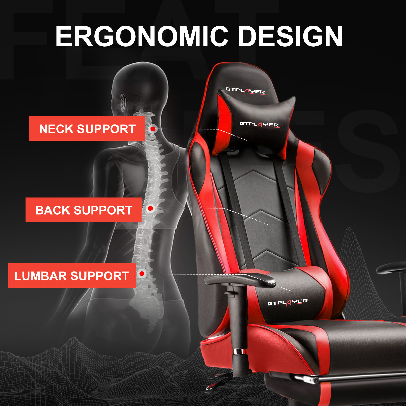 GTPLAYER Ergonomic Gaming Chair with Lumbar Support, Red photo 6