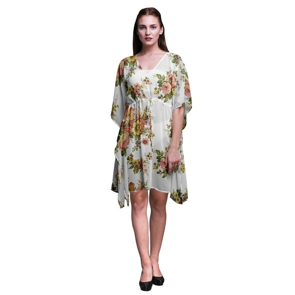 Bimba White Floral Leaves & Kiko Rose Short Caftan Midi Dress Beach Swimwear Cover up Womens Kaftan-4X-5X