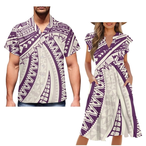 Garronmavis Samoa Couple Matching Outfit Husban and Wife Clothing Womens Short Sleeve Dress Hawaiian Beach Dresses Size XS and Men's Button Down Casual Shirt for Summer