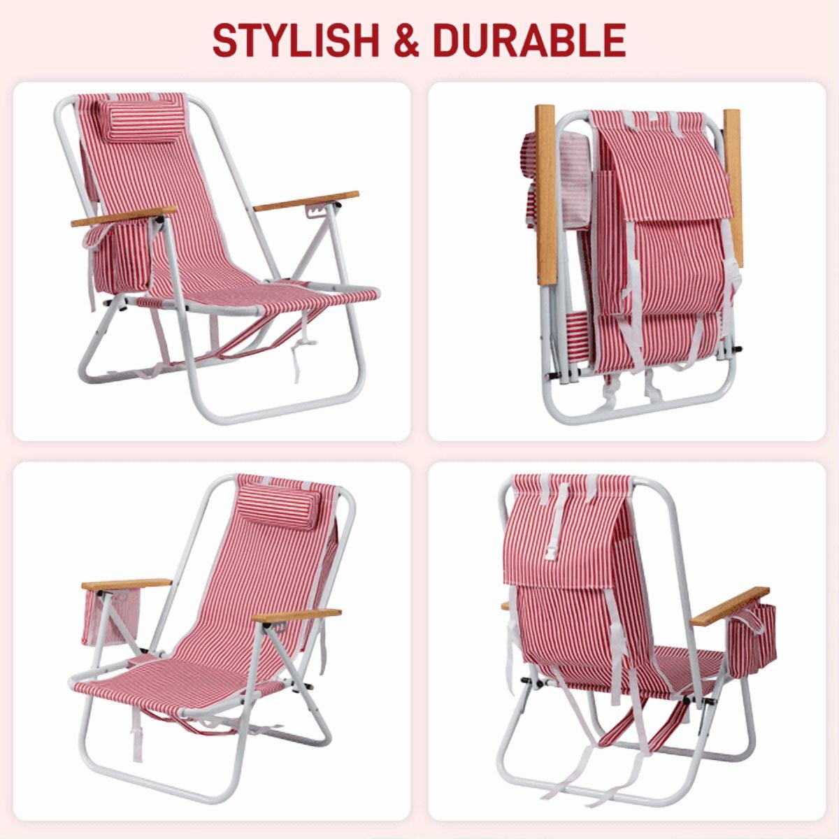 Alvantor 4-Position Backpack Beach Chair with Aluminum Frame, Wooden Armrests, Pillow and Pockets, Red Stripe