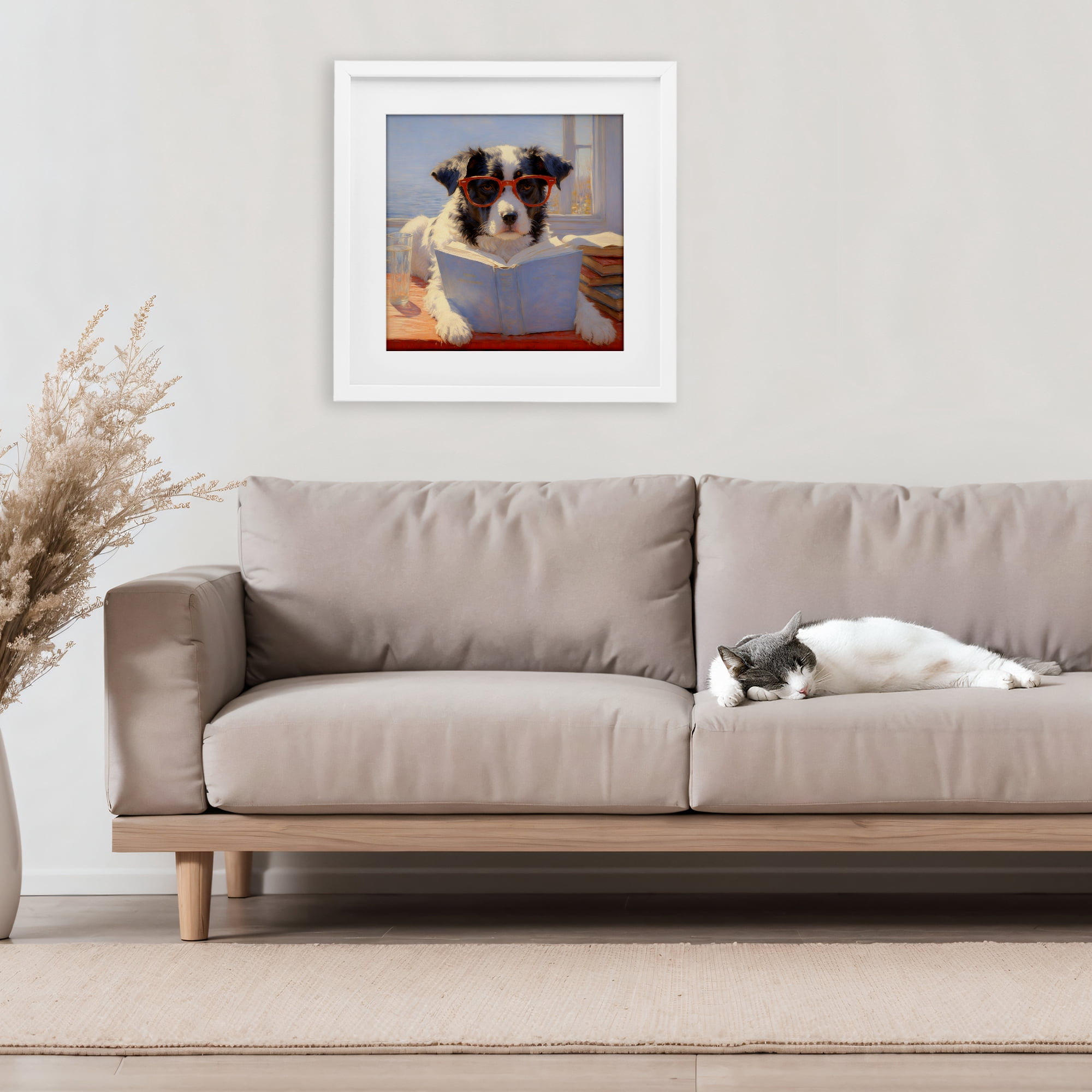 Stupell Industries Sunlit Dog Reading By Window White Framed Print Under Glass, design by Angie Hawke
