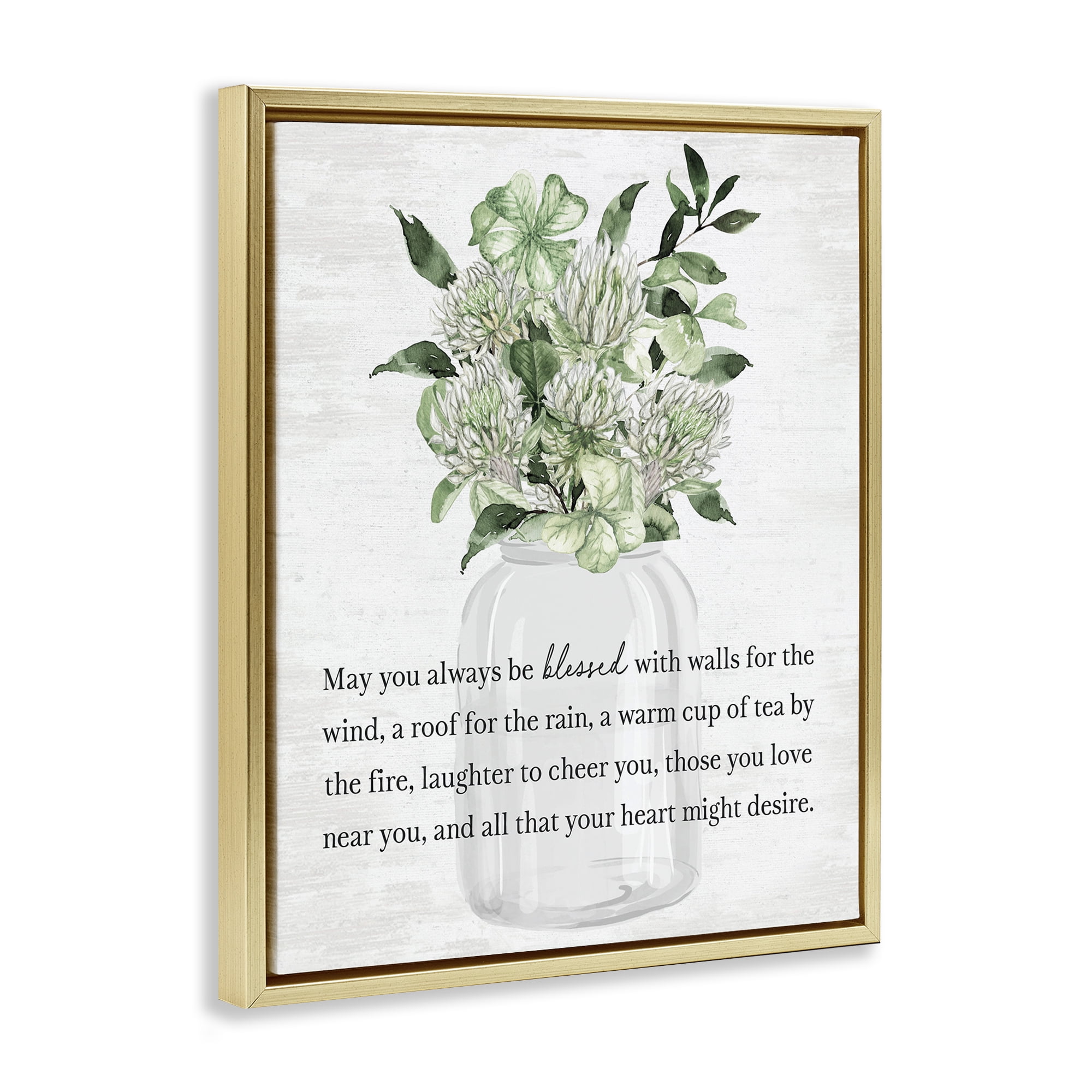 Stupell Industries Spring Floral Blessing Botanical & Floral Painting Gold Floater Framed Canvas Art Print Wall Art, 17 x 21