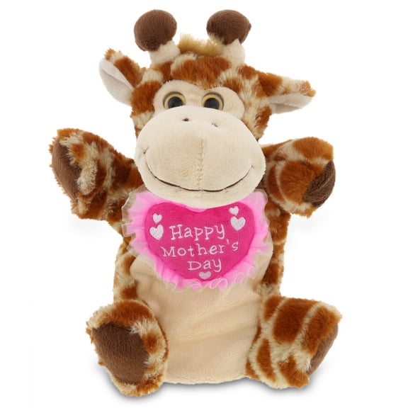 DolliBu Happy Mother's Day Giraffe Plush Hand Puppet - Cute Stuffed Animal Present With Pink Heart Message for Best Mommy, Grandma, Wife, Daughter - Cute Wild Life Plush Puppet Toy Gift - 10" Inches