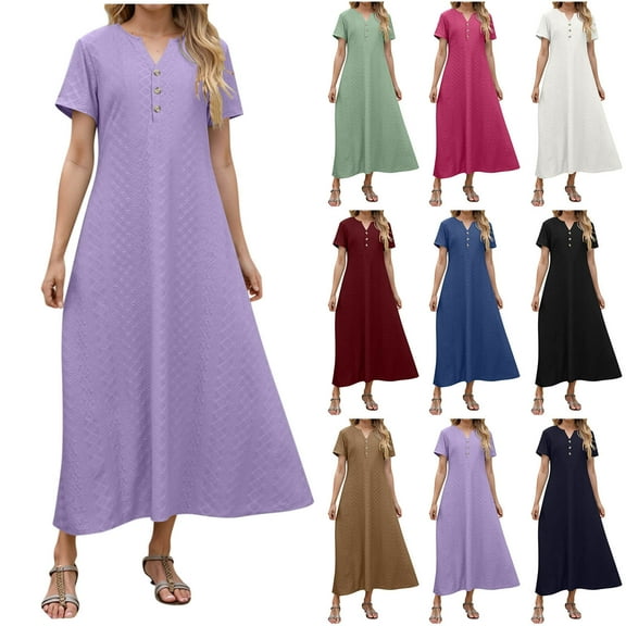 Horkkom Short Sleeve Dress for Women Summer Casual Beach Maxi Dresses V Neck Solid Color Button Long Dresses Purple L