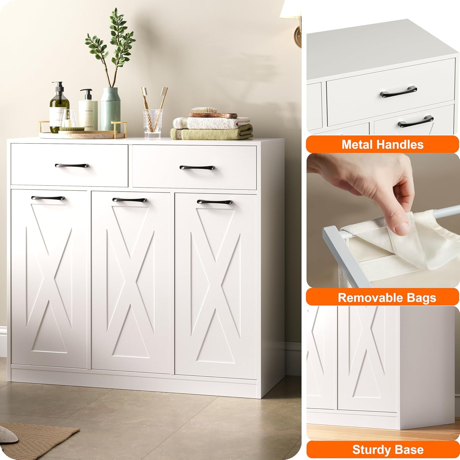 Laundry Hamper Cabinet, Laundry Basket 3 Section with 2 Storage Drawers, Laundry Sorter with Pull-Out Removable Large Bags, 3 x 15.87 Gallons (60L), for Laundry Room Bathroom, White YL01XLW
