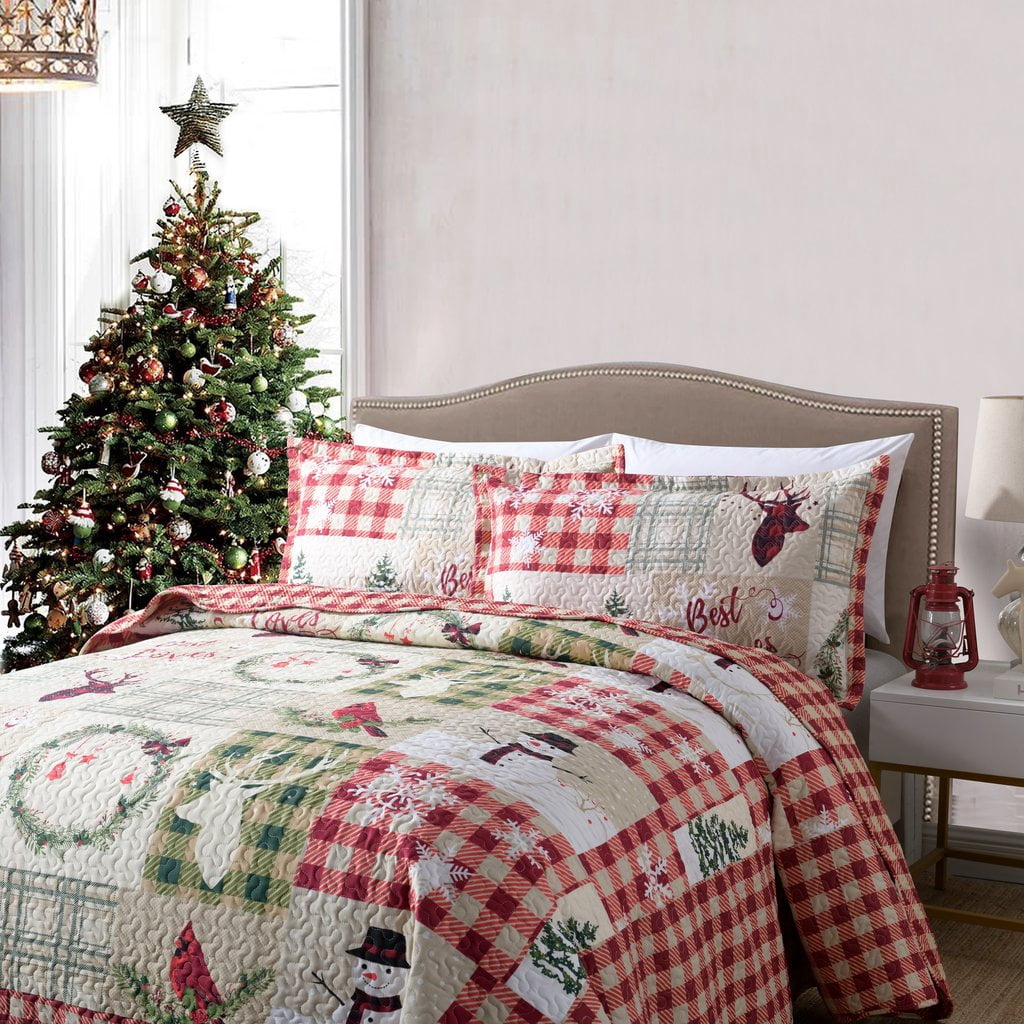MarCielo 3 Piece Christmas Quilt Set Rustic Lodge Deer Quilt Quilted Bedspread Printed Quilt Bedding Throw Blanket Coverlet Lightweight Bedspread Ensemble/Snowman Quilt