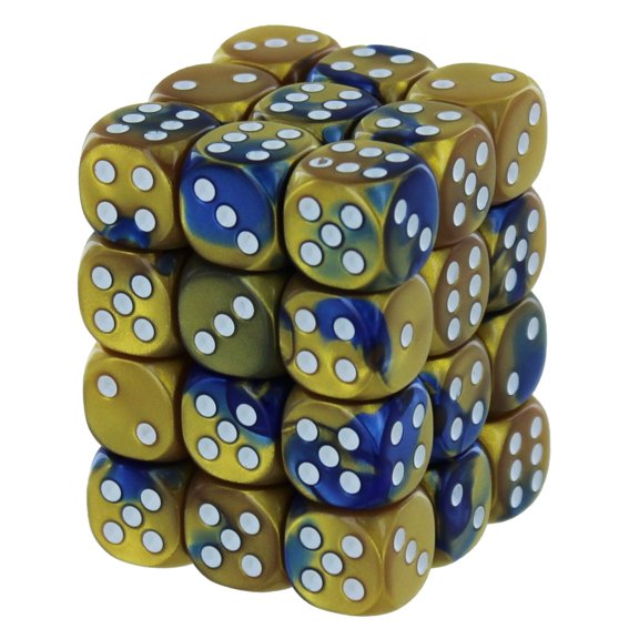 Chessex Dice Set – 12mm Gemini: Blue-Gold/White Dice Block – Dungeons and Dragons D&D DND TTRPG Dice – Includes 36 Dice – D6