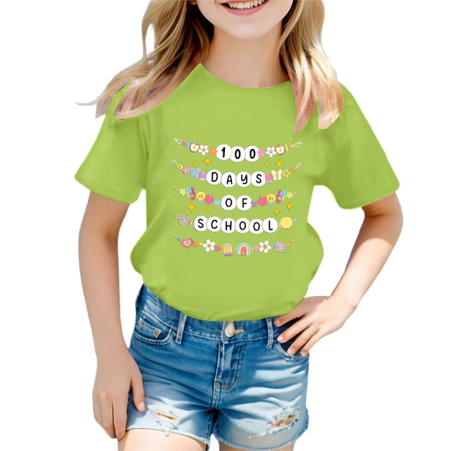 Icvfdpl T-Shirts Filles Rentrée Scolaire, Imprimé Enfants Col Rond Manches Courtes T-Shirt Haut Confortable Quotidien 3-4 Ans