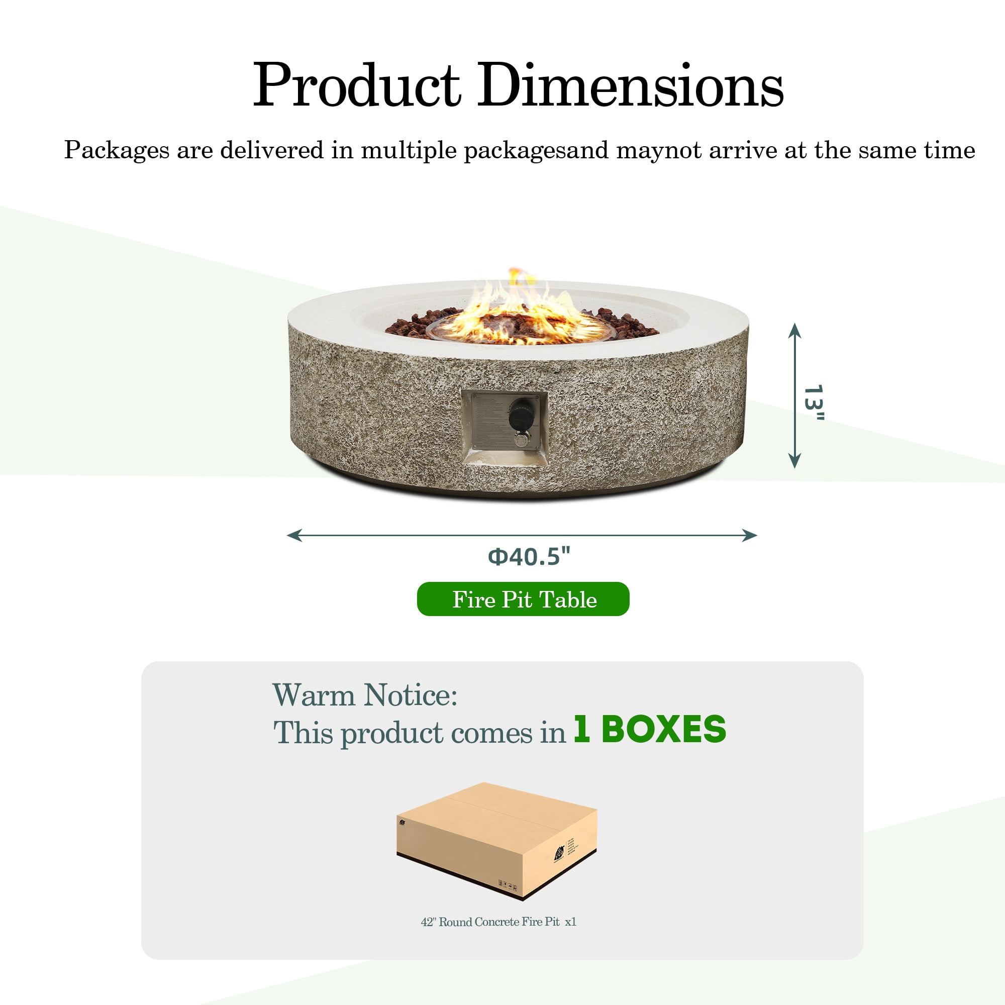UPHA 42-inch Outdoor Propane Round Fire Pit Table 50000 BTU Gas Concrete FirePit for Outside Patio with Lava Rocks, Rain Cover, Beige