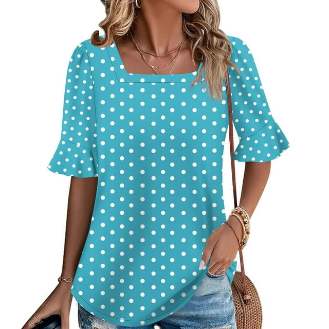 Wensltd Women's Summer Loose Blouses Printed Ruffled Sleeve Square Neck Top