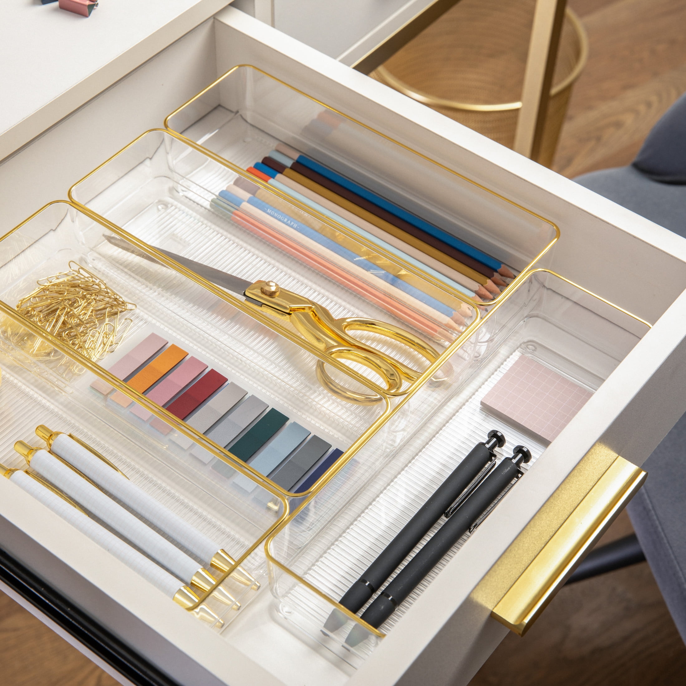 Martha Stewart Kerry 6 Pack Plastic Stackable Office Desk Drawer Organizers with Gold Trim, 12" x 3"