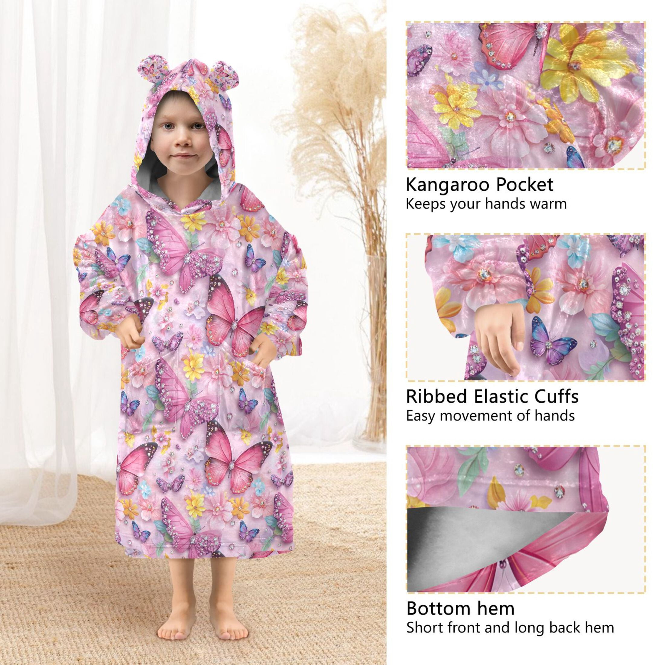 joogoo Wearable Blanket Hoodie for Sparkling Butterfly Flannel Sherpa Pocket 3-14 YR S
