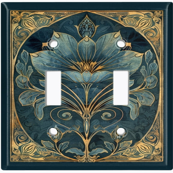 Metal Light Switch Wall Plate Outlet Cover (Printed Image of Damask Flower Gold Frame - Double Toggle)