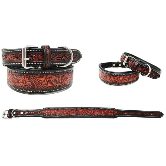 Large 21''- 25''  Padded Leather Hand Crafted Tooled Dog Collar 60FK41