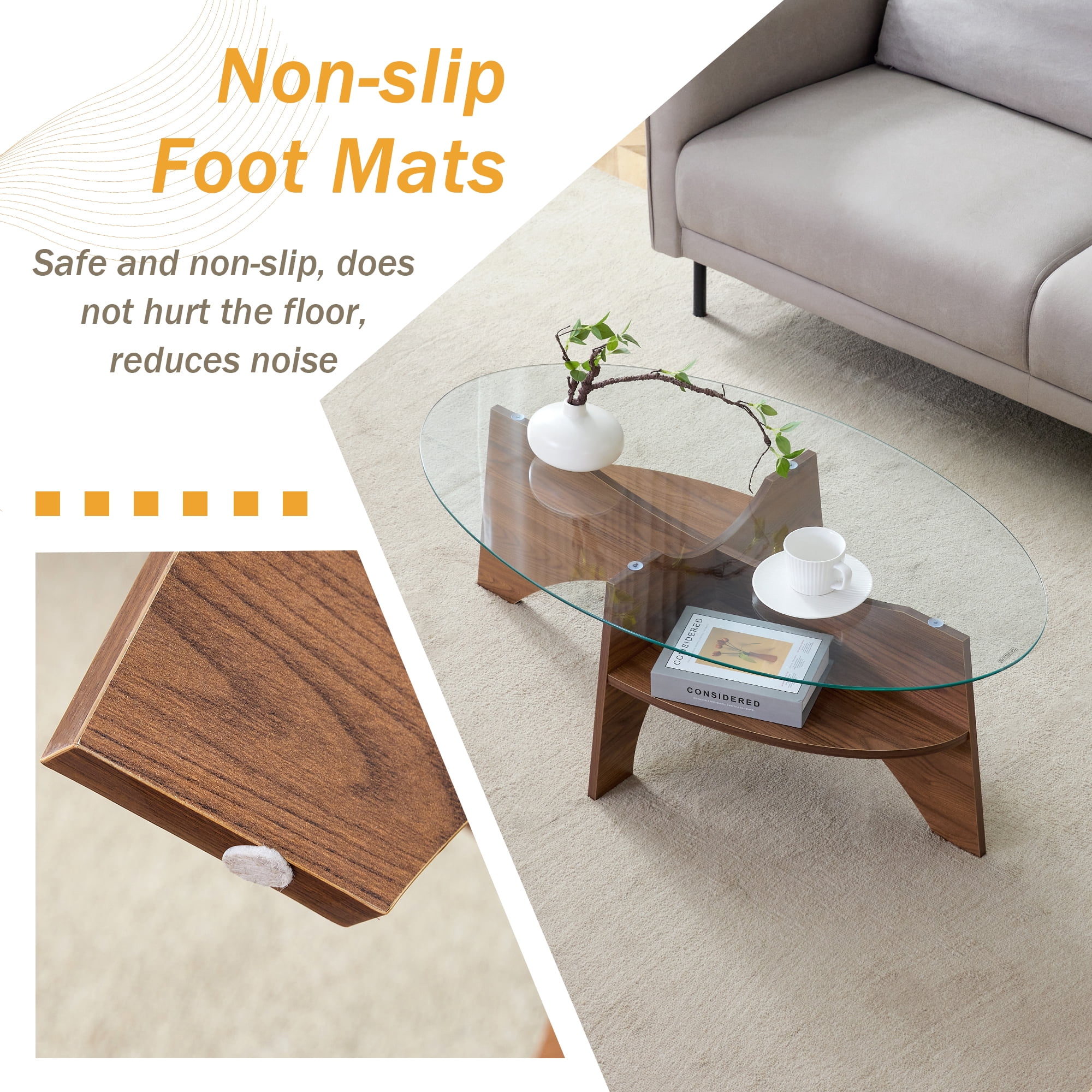 Oval Tempered Glass Coffee Table, 41.3"x23.6"