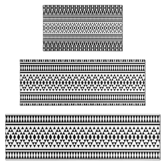 Black Geometric Triangle Striped Pattern Kitchen Rugs Sets Of 3,Kitchen Runner Rugs Non Skid Washable,Decorative Kitchen Floor Mats for Kitchen,Sink,Laundry,17"x30" 17"x47" 17"x59"