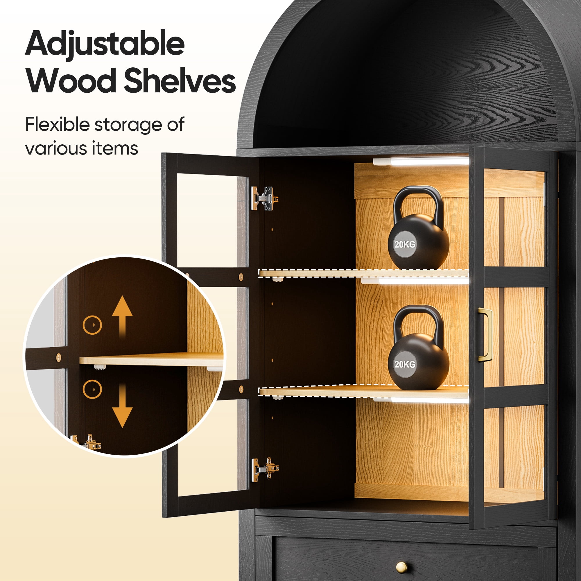 Raffle Pinker 71" Arched Kitchen Pantry Cabinet Display Storage Cabinet with Glass Doors, Black