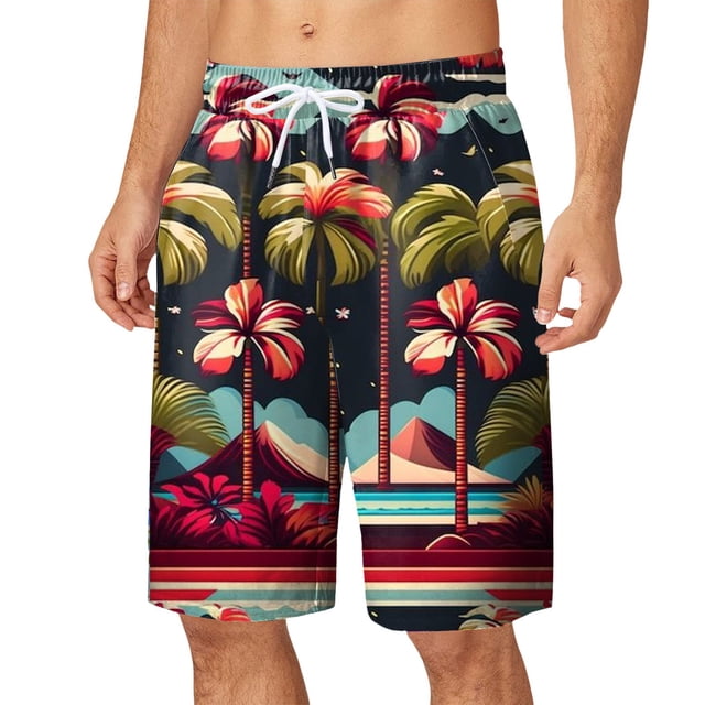 TSADFHJI Mens Swim Trunks 9 Inch Compression Liner Mens Summer Digital 3D Printed Shorts Elasticated Waisted Beach Pants Xxxl Red
