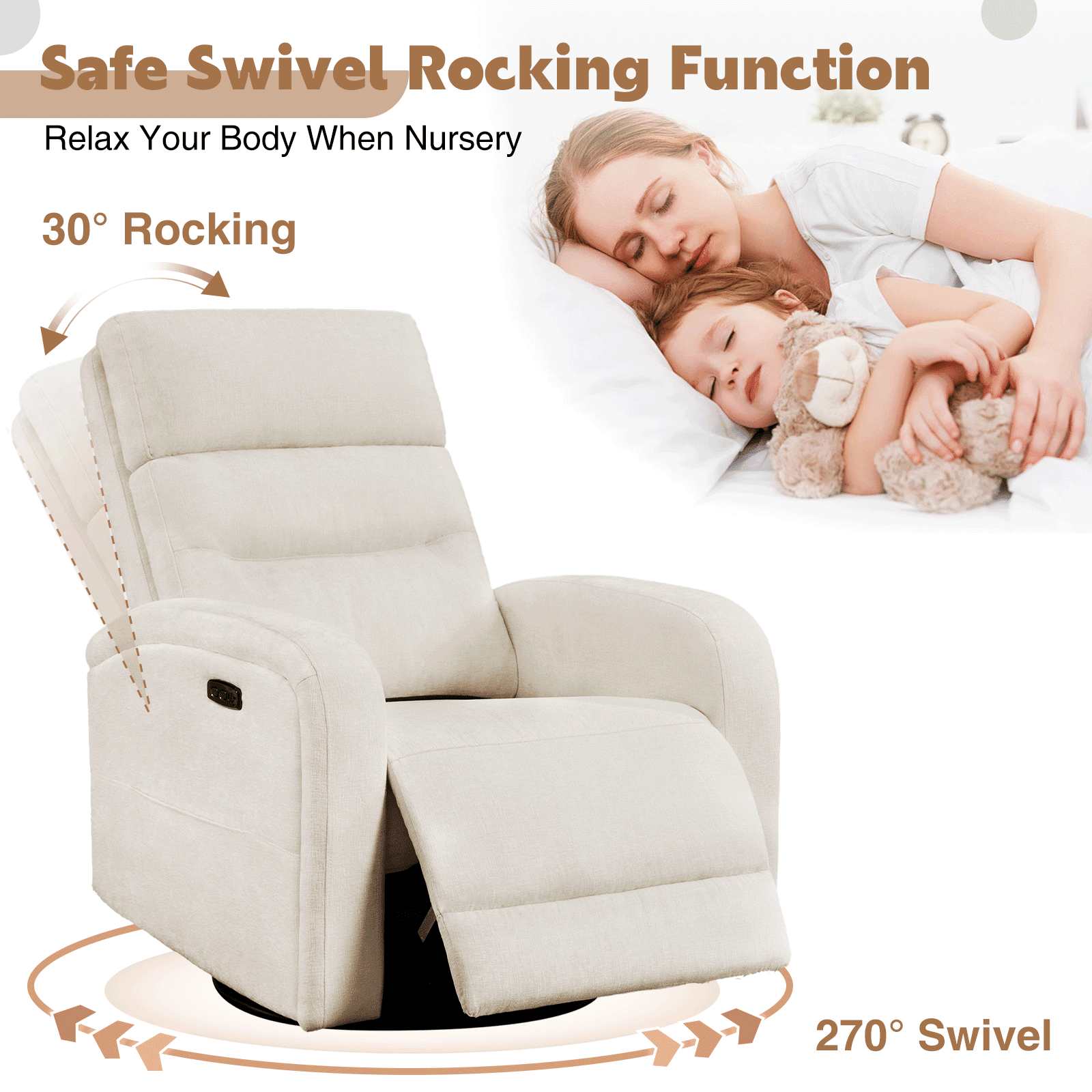 Aemeios Power Swivel Rocker Recliner Chair, Chenille Nursery Recliner for Living Room, Camel